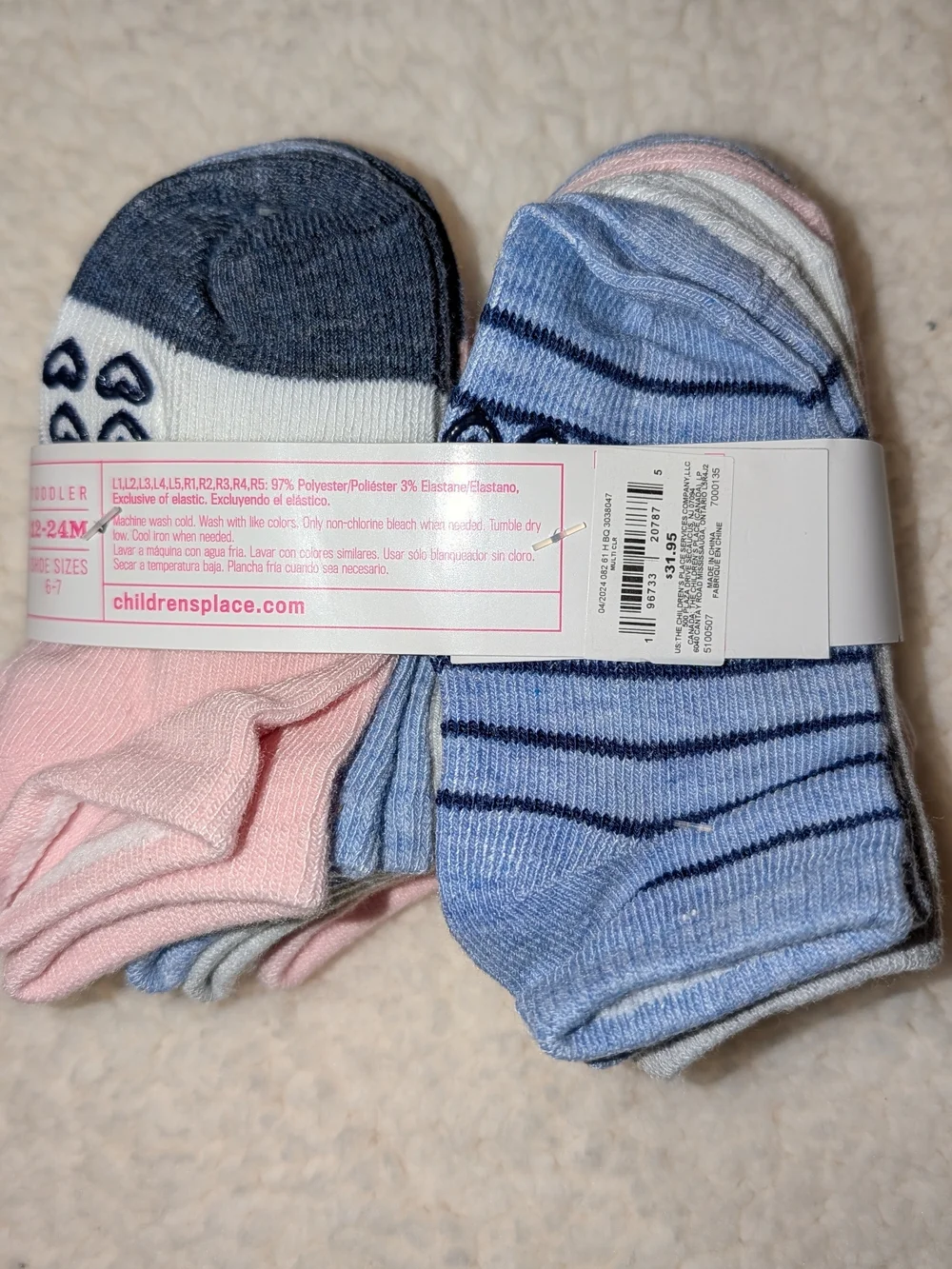 The Childrens Place Ankle Socks 10 pack 12-24 Mos Pastels Pink Blue White NWT